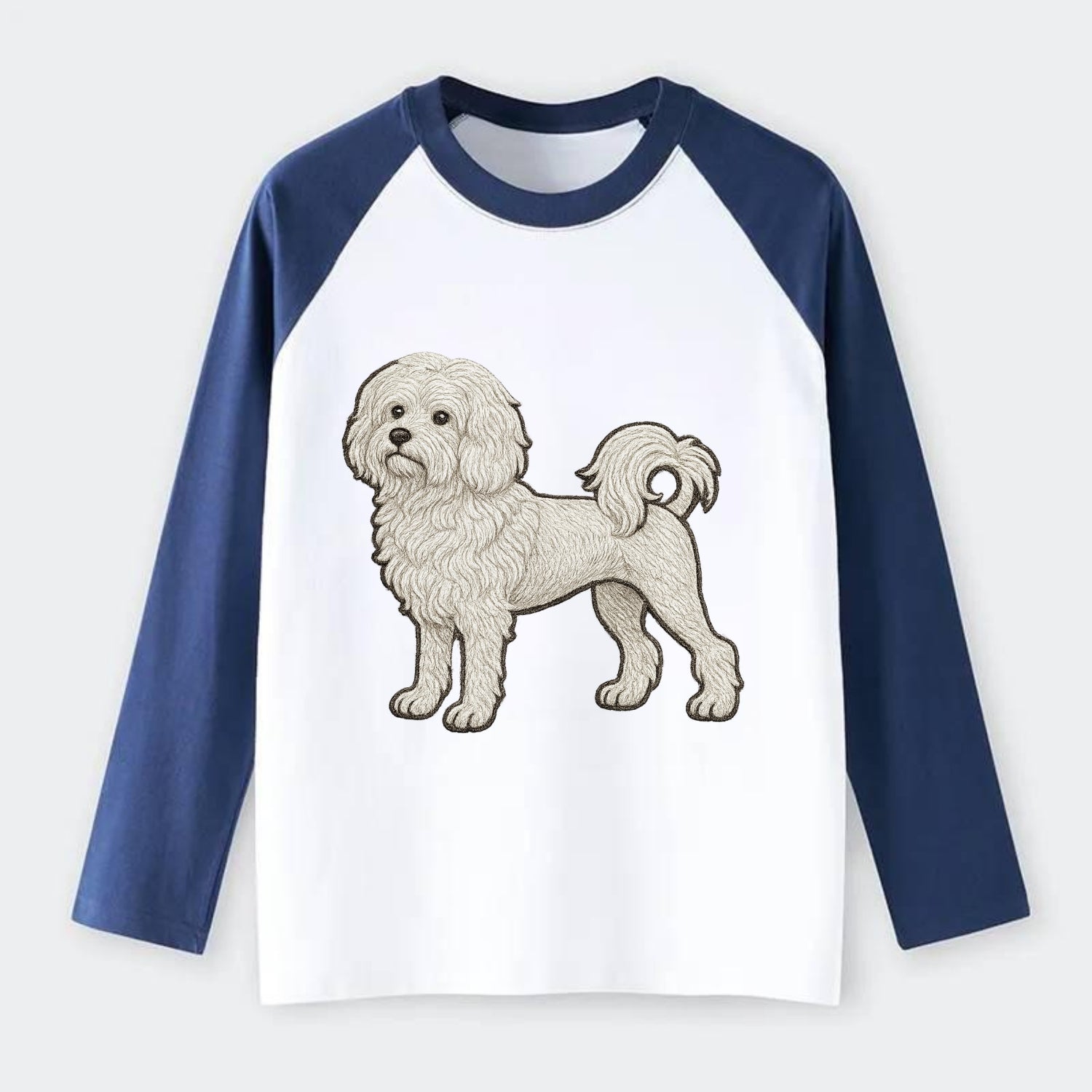 Löwchen - Little Lion Dog white embroidered pose - Raglan Long Sleeve T-Shirt - Blue
