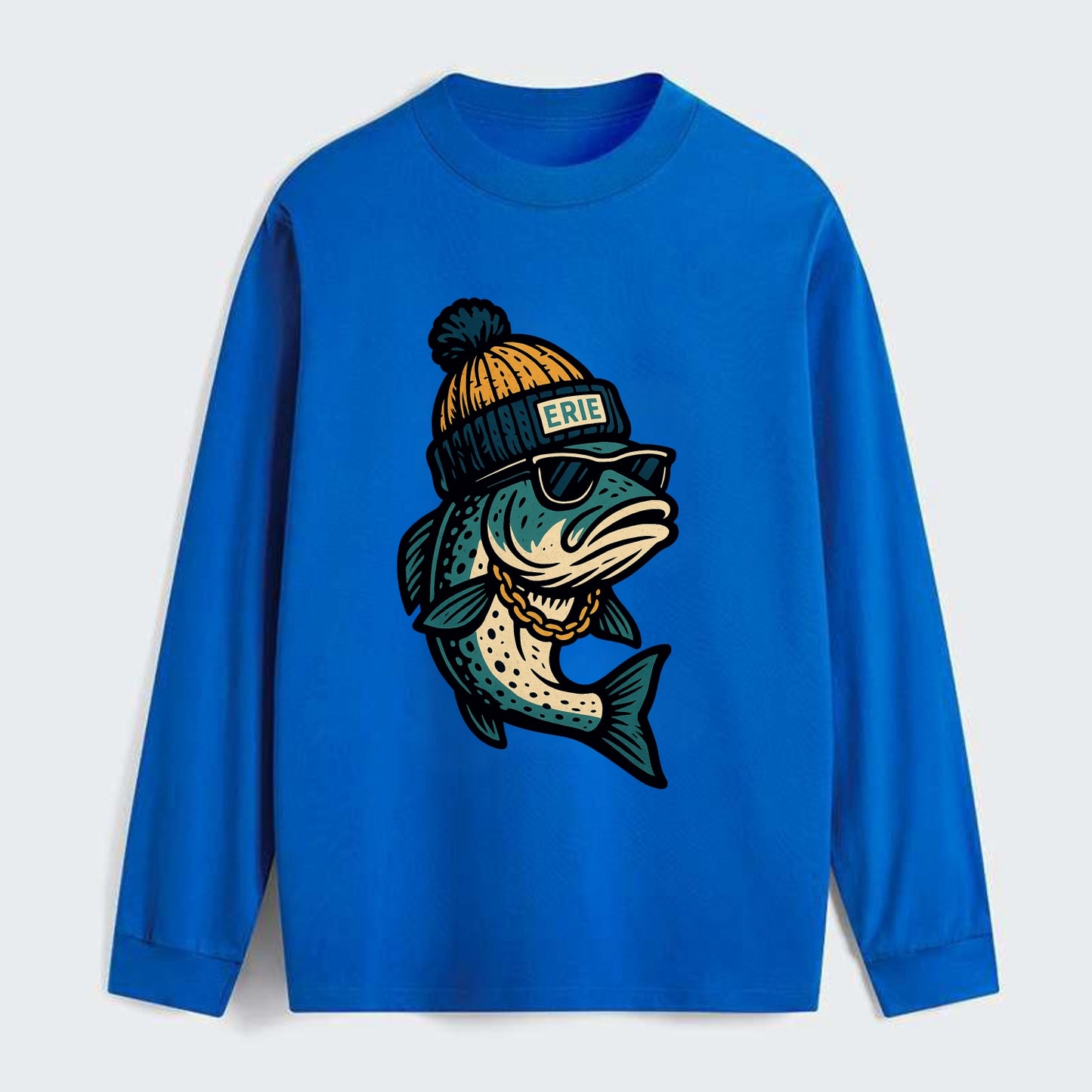 Erie Lake Trout wearing Erie beanie with - Classic Long Sleeve Shirt - Blue