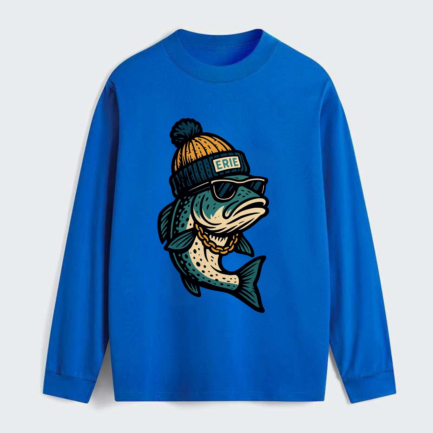 Erie Lake Trout wearing Erie beanie with - Classic Long Sleeve Shirt - Blue