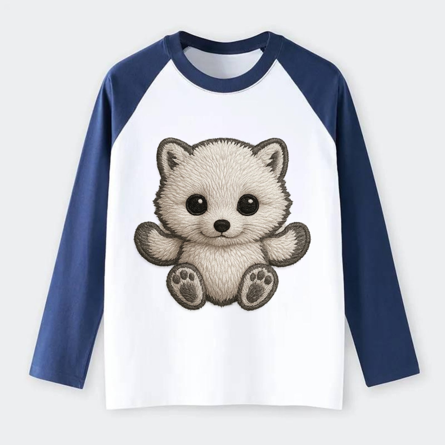 Baby Arctic Fox - white fluffy, tiny black nose, bright curious eyes, - Raglan Long Sleeve T-Shirt - Blue