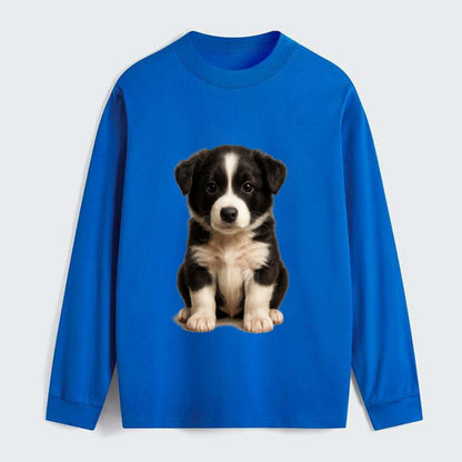 Baby Border Collie Puppy - black and white, intense smart eyes, - Classic Long Sleeve Shirt - Blue