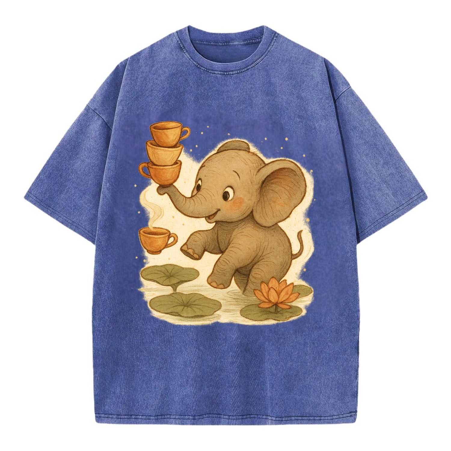 Elephant balancing teacups during a floating tea ceremony beside lotus ponds - Vintage T-shirt - Blue