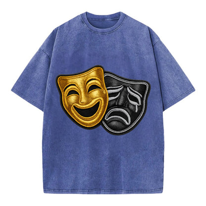BROADWAY MASKS - comedy tragedy masks in gold and black , theater - Vintage T-shirt - Blue