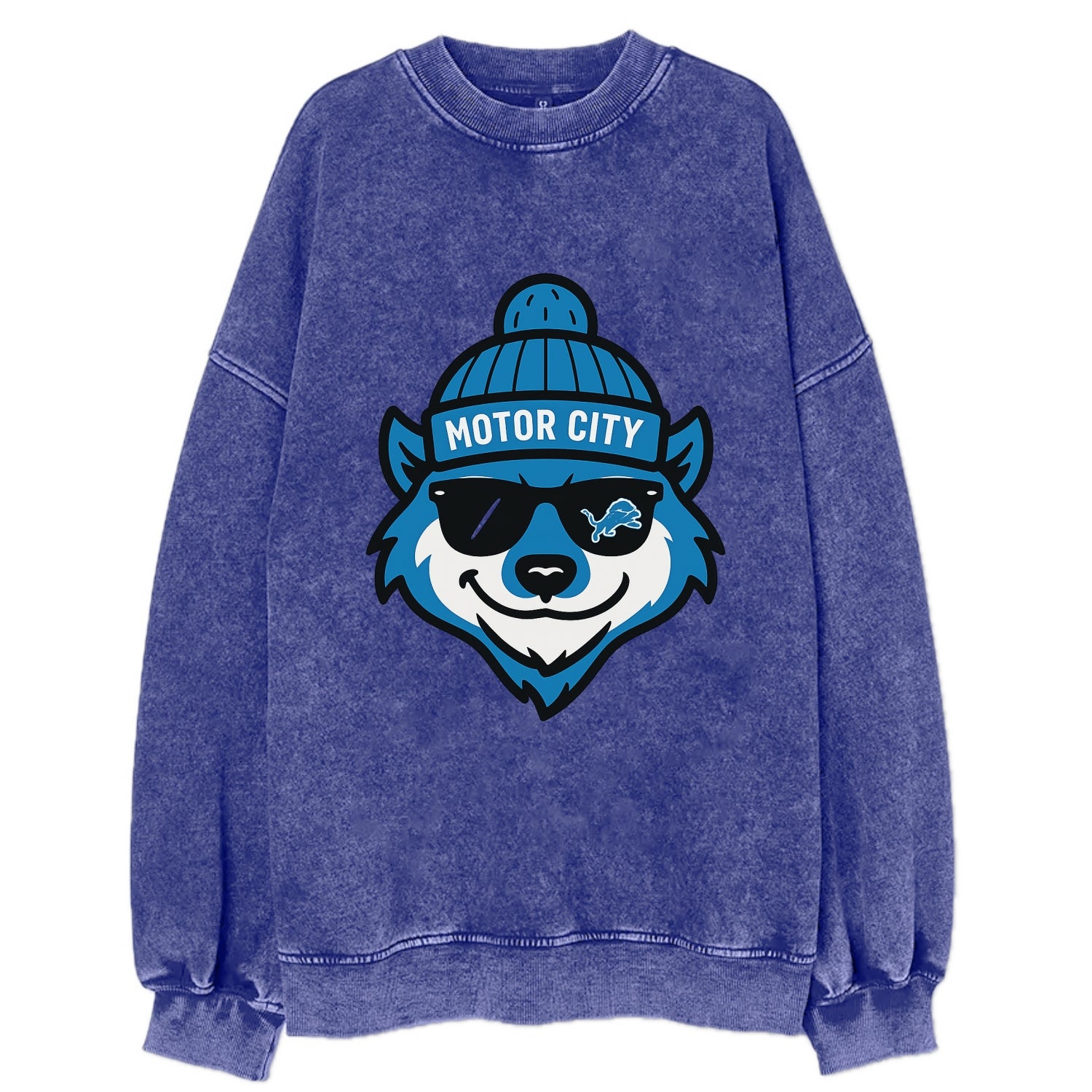 Motor City Wolverine wearing Lions beanie with gear patch and wayfarer - Vintage Sweatshirt - Blue