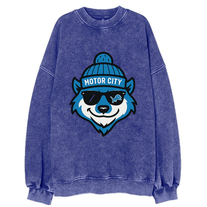 Motor City Wolverine wearing Lions beanie with gear patch and wayfarer - Vintage Sweatshirt - Blue