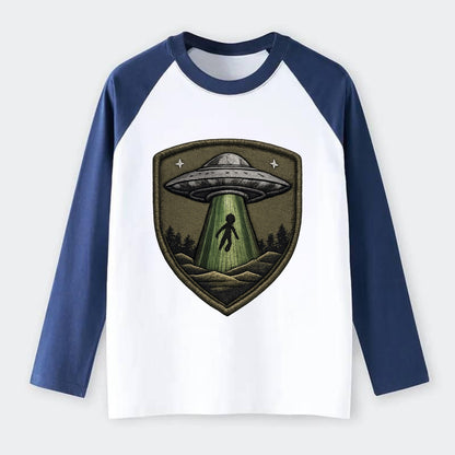 UFO ALIEN - flying saucer with beam in silver and green , - Raglan Long Sleeve T-Shirt - Blue