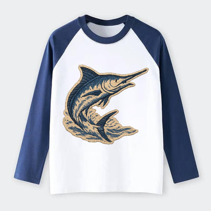 SWORDFISH MARLIN - leaping marlin in blue and silver , sport fishing - Raglan Long Sleeve T-Shirt - Blue