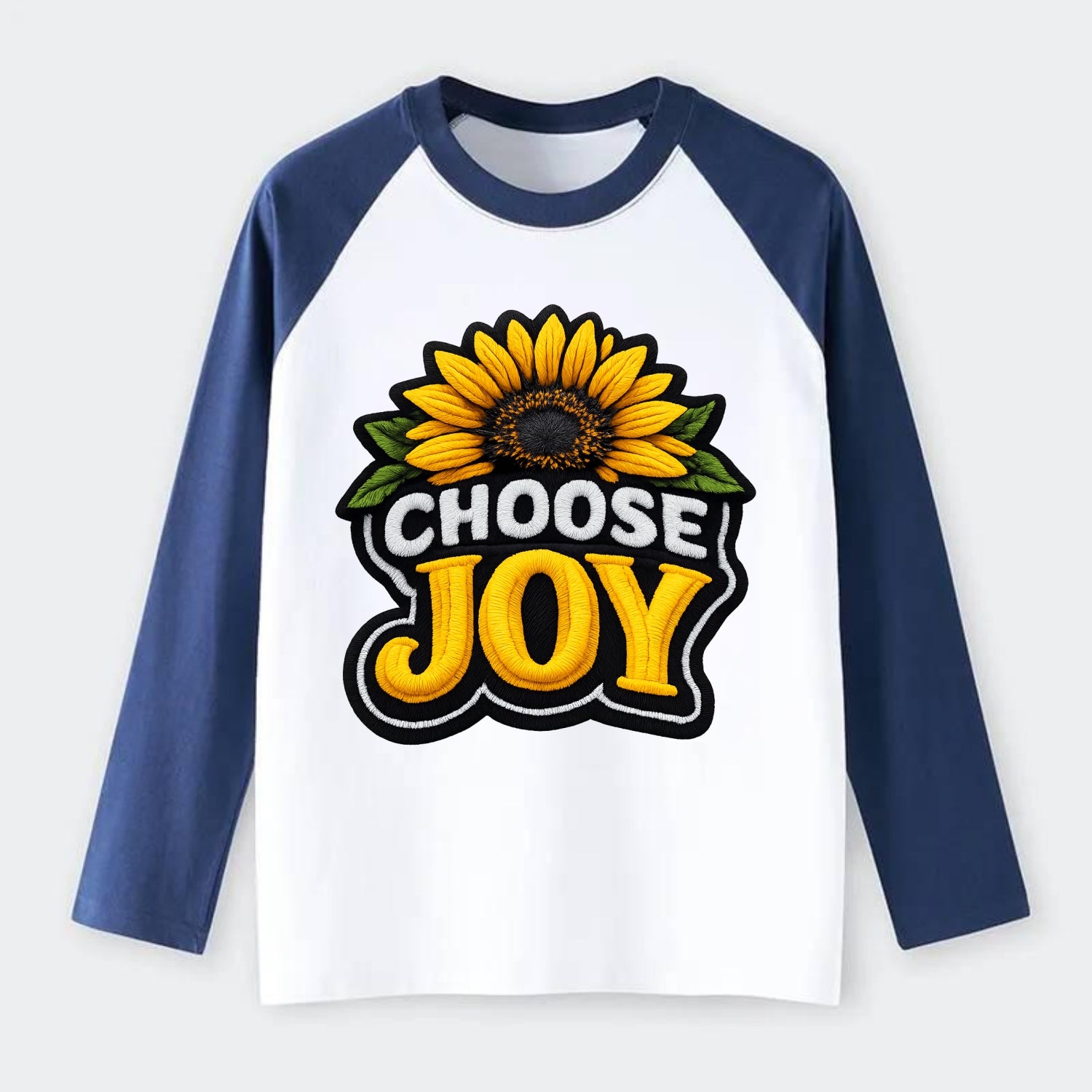 CHOOSE JOY - sunflower with text in yellow , happiness choice - Raglan Long Sleeve T-Shirt - Blue
