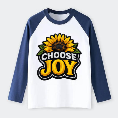 CHOOSE JOY - sunflower with text in yellow , happiness choice - Raglan Long Sleeve T-Shirt - Blue