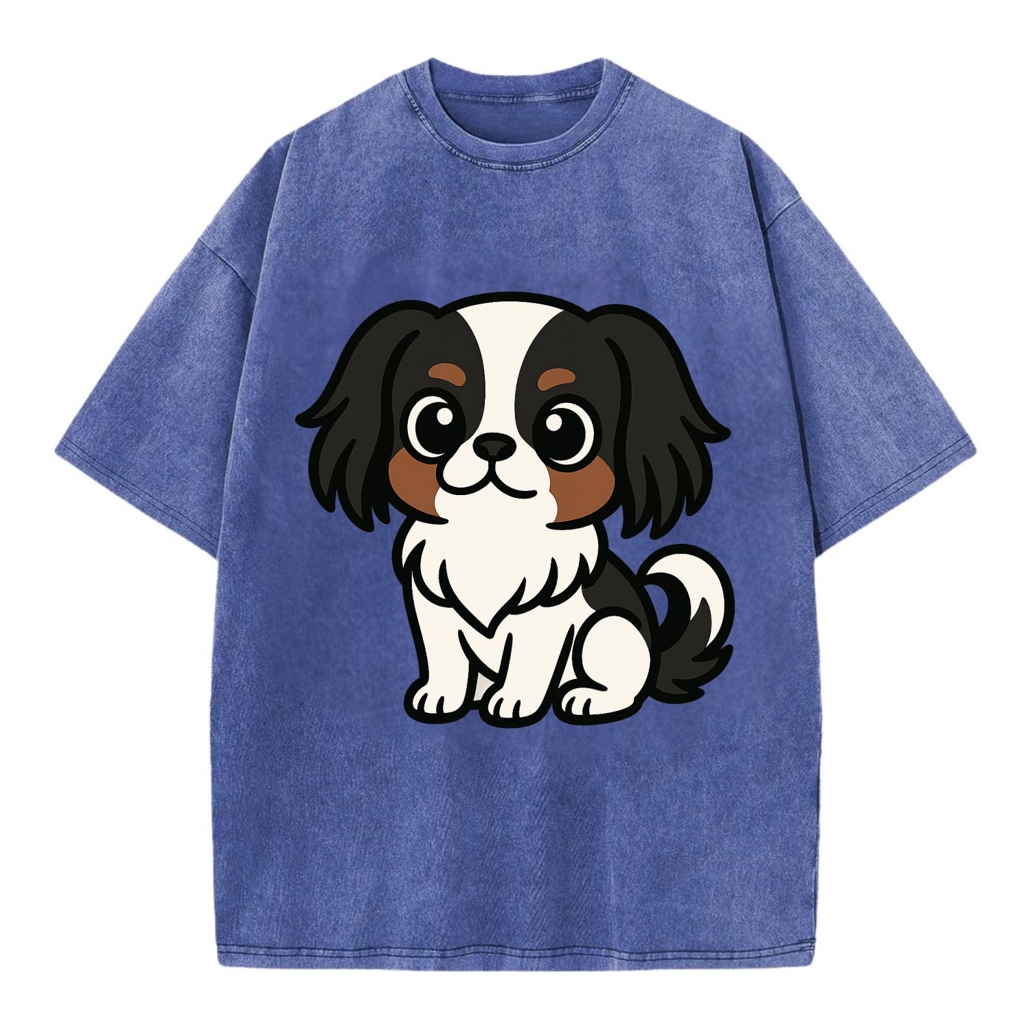 Japanese Chin - Black and white sitting pose - Vintage T-shirt - Blue