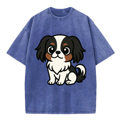 Japanese Chin - Black and white sitting pose - Vintage T-shirt - Blue