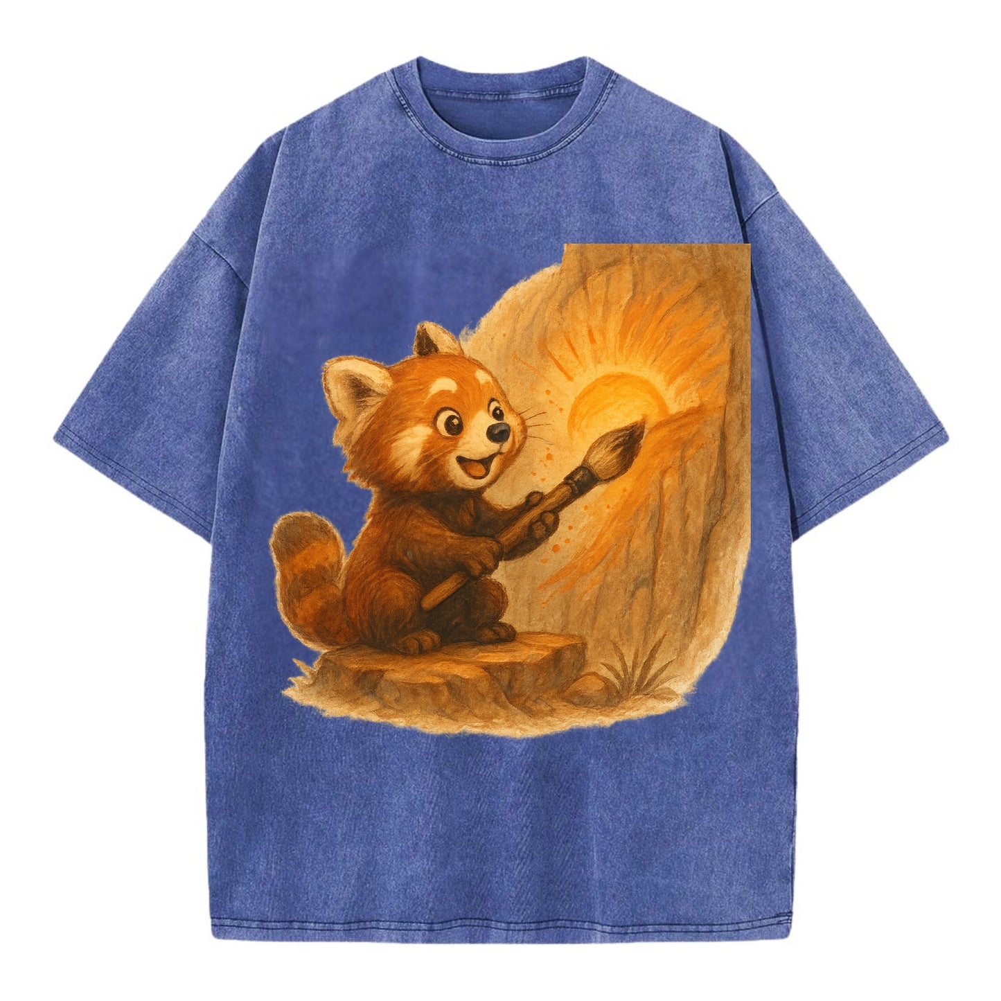 Red panda painting a sunrise mural with an oversized calligraphy brush on a cliff - Vintage T-shirt - Blue