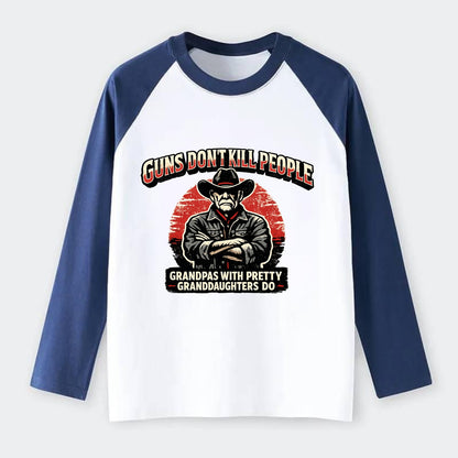 Grandpas Pretty Granddaughters - Cowboy - Raglan Long Sleeve T-Shirt - Blue