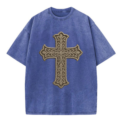 Filigree Cross  - Vintage T-shirt - Blue