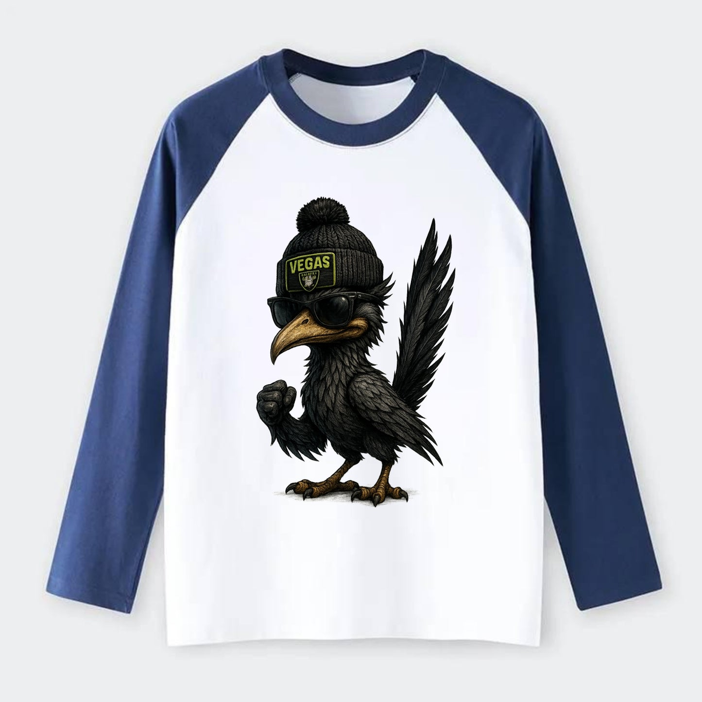 Vegas Roadrunner wearing Raiders beanie with neon patch and wayfarer - Raglan Long Sleeve T-Shirt - Blue