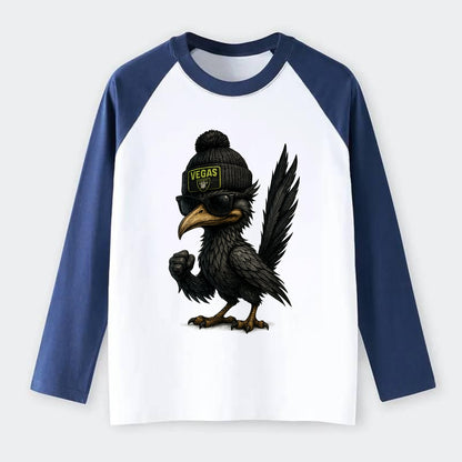 Vegas Roadrunner wearing Raiders beanie with neon patch and wayfarer - Raglan Long Sleeve T-Shirt - Blue