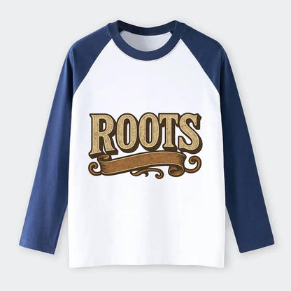 Bold typography design - "ROOTS" - where you come from, heritage - Raglan Long Sleeve T-Shirt - Blue