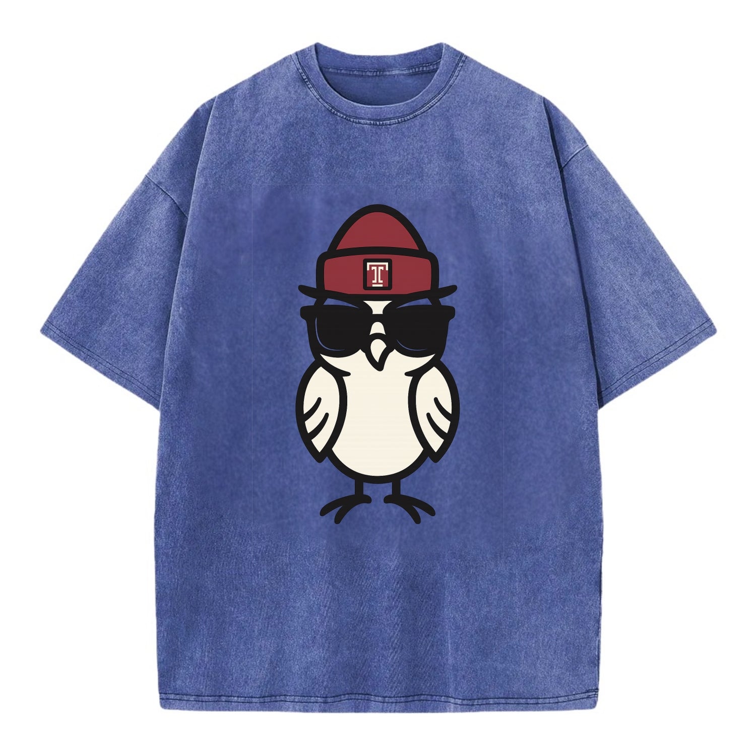 Philadelphia Owl wearing Temple beanie with T patch - Vintage T-shirt - Blue