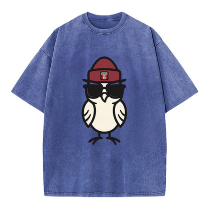 Philadelphia Owl wearing Temple beanie with T patch - Vintage T-shirt - Blue