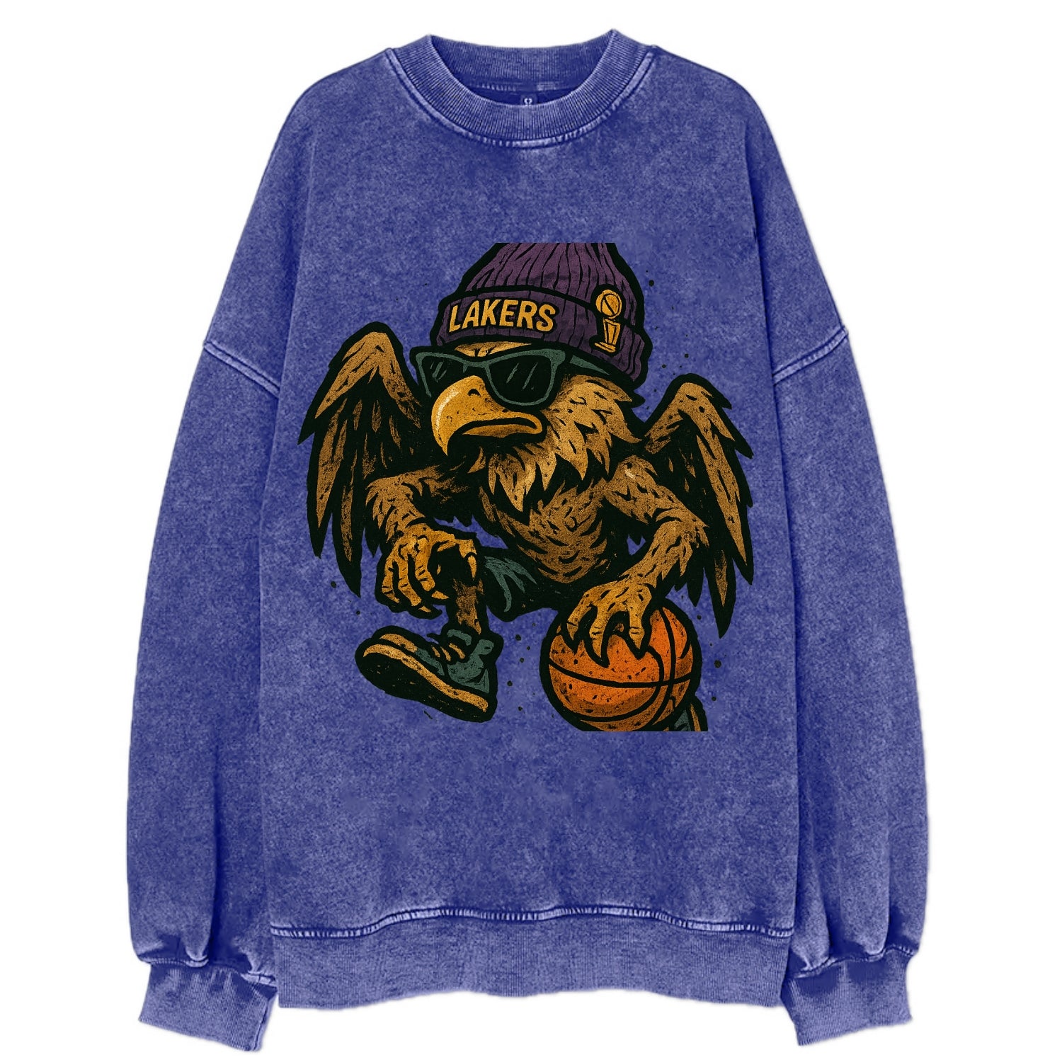 Los Angeles Golden Eagle wearing Lakers beanie with trophy patch and wayfarer - Vintage Sweatshirt - Blue