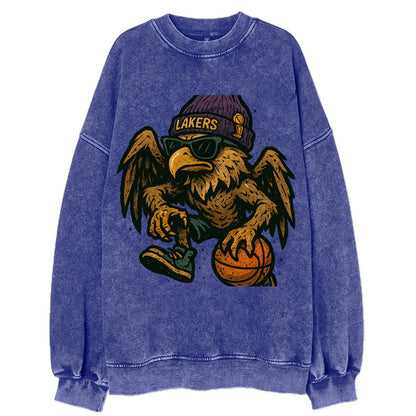 Los Angeles Golden Eagle wearing Lakers beanie with trophy patch and wayfarer - Vintage Sweatshirt - Blue