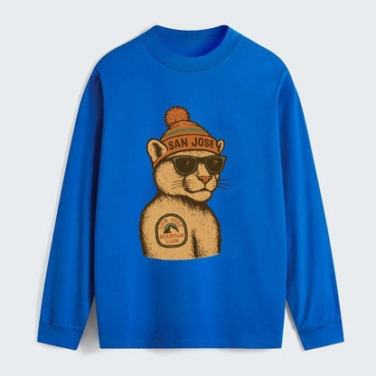 San Jose Mountain Lion wearing San Jose beanie with pom pom and - Classic Long Sleeve Shirt - Blue