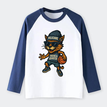 French Quarter Cat wearing Pelicans beanie with Mardi Gras patch and - Raglan Long Sleeve T-Shirt - Blue