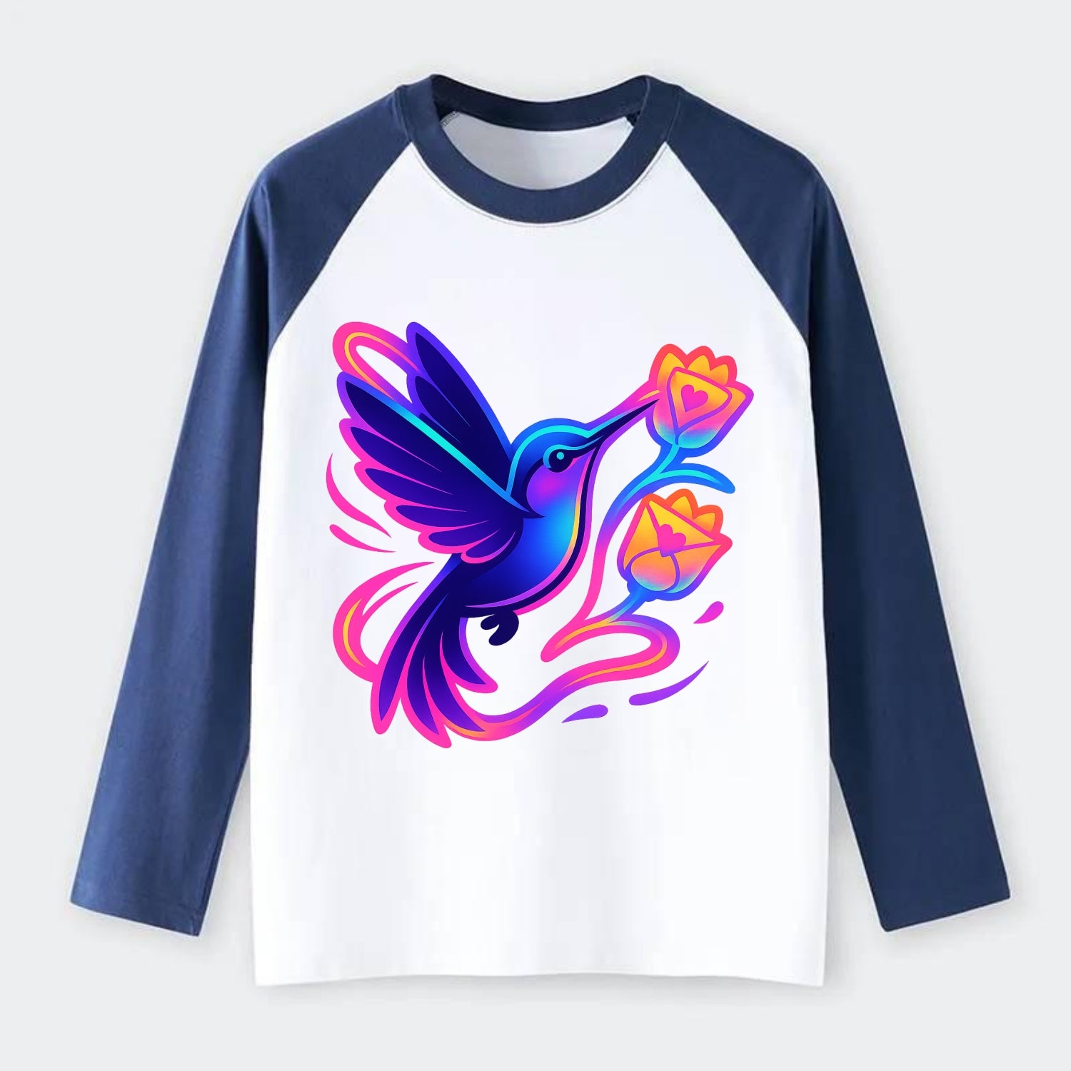 Hummingbird delivering miniature love letters tucked inside flower - Raglan Long Sleeve T-Shirt - Blue