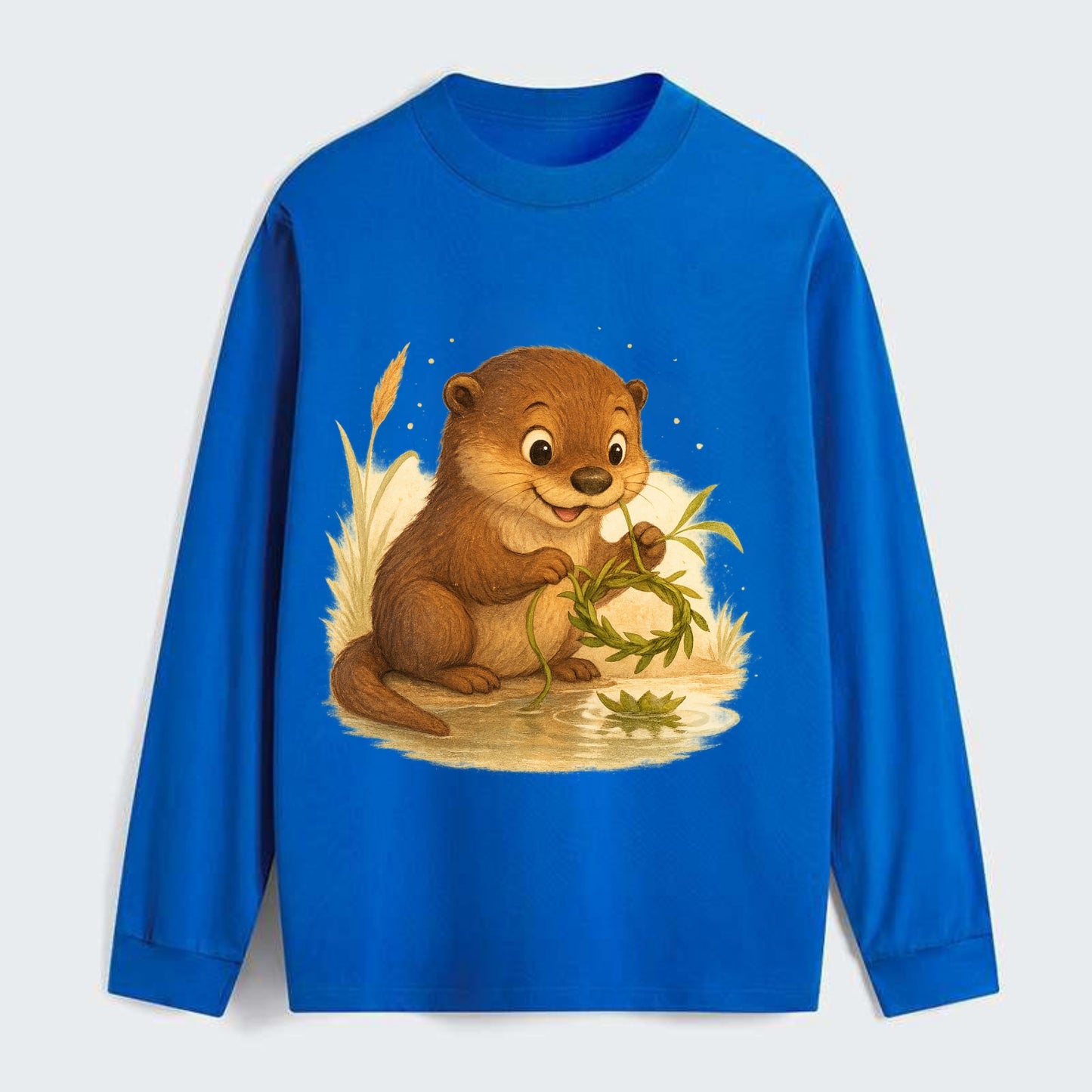 Otter weaving river reeds into a floating crown beside mirror-still - Classic Long Sleeve Shirt - Blue
