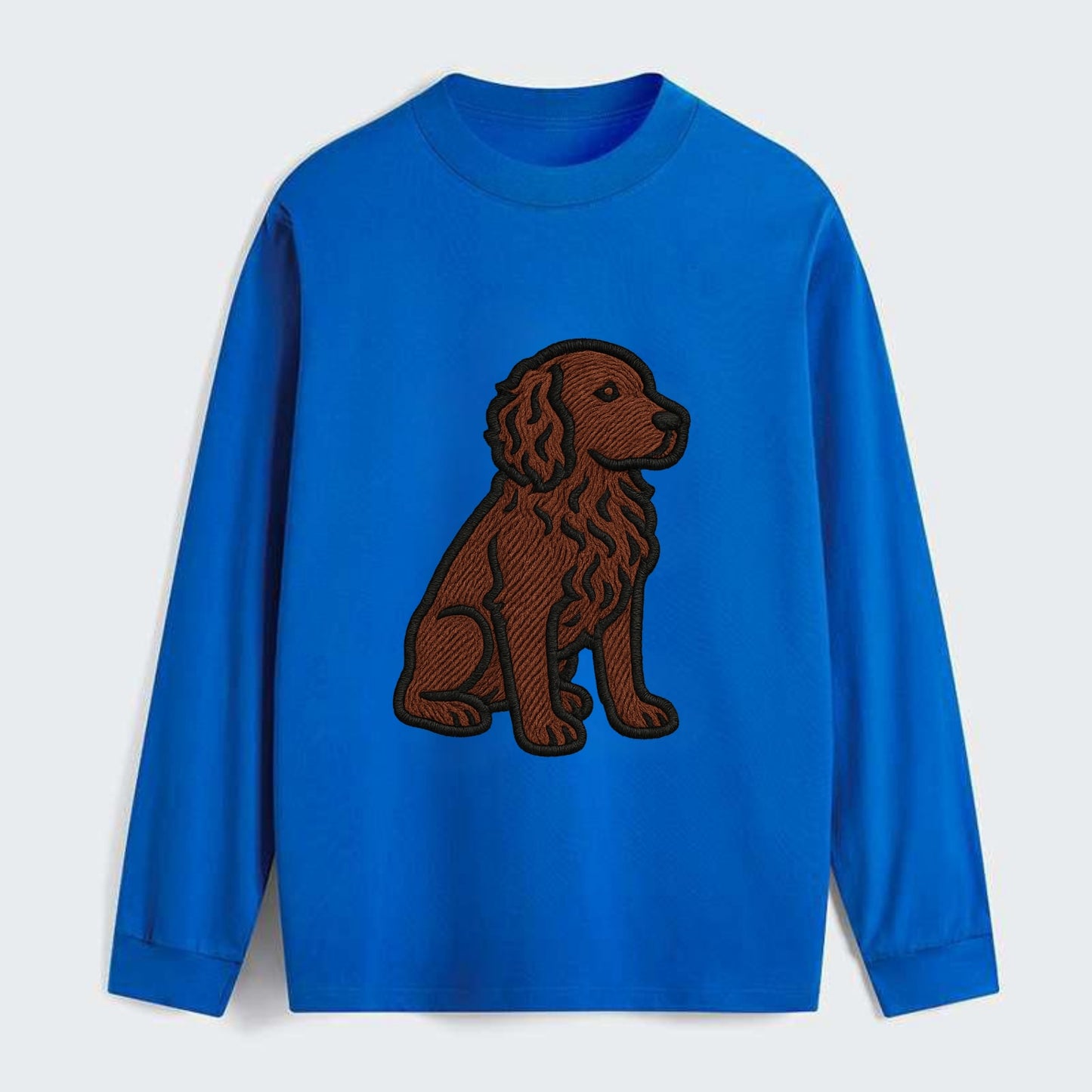 Boykin Spaniel - Rich chocolate brown wavy coat embroidered sitting pose - Classic Long Sleeve Shirt - Blue
