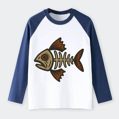 Fish Skeleton  - Raglan Long Sleeve T-Shirt - Blue