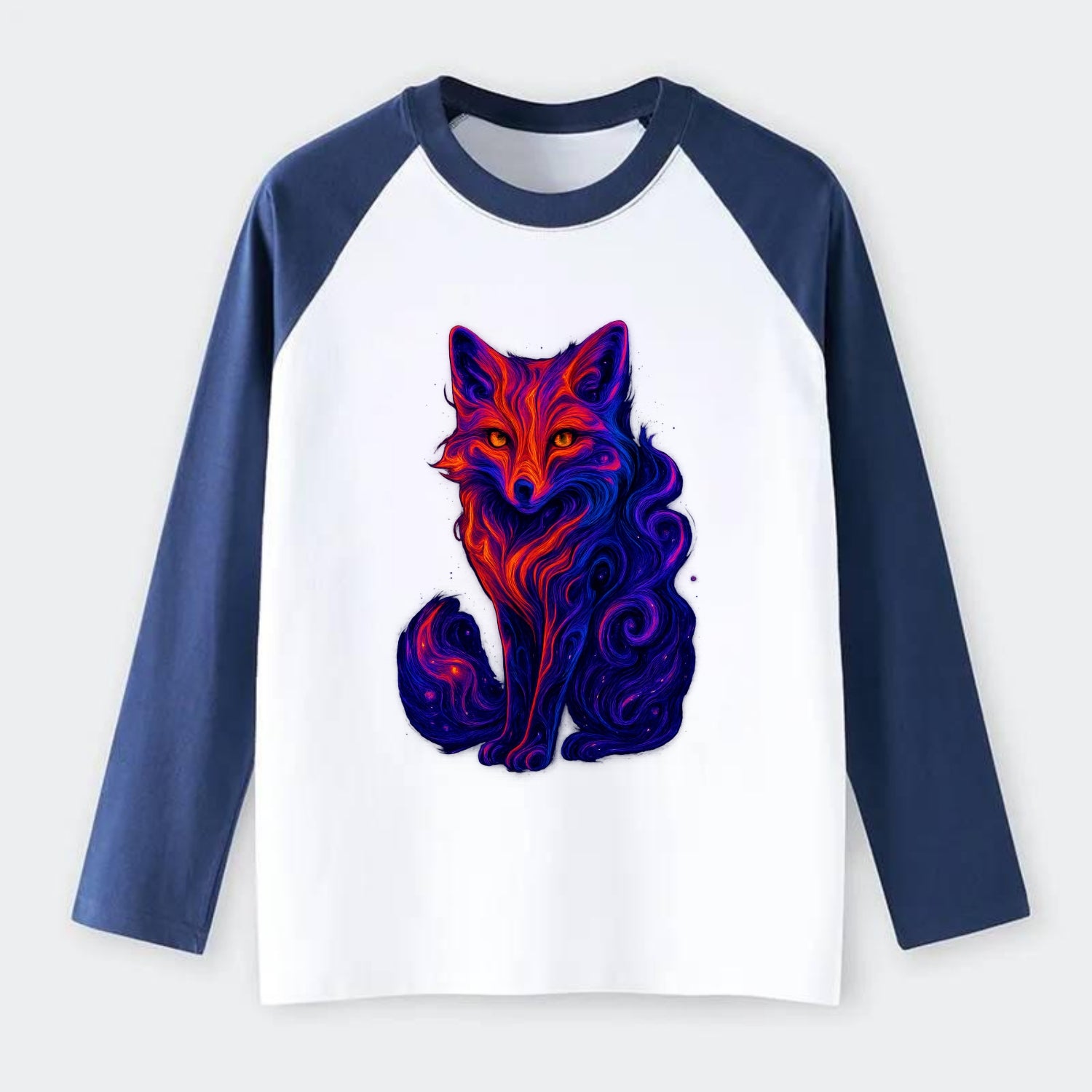 Clever fox with tail dissolving into cosmic nebula swirls, orange to - Raglan Long Sleeve T-Shirt - Blue