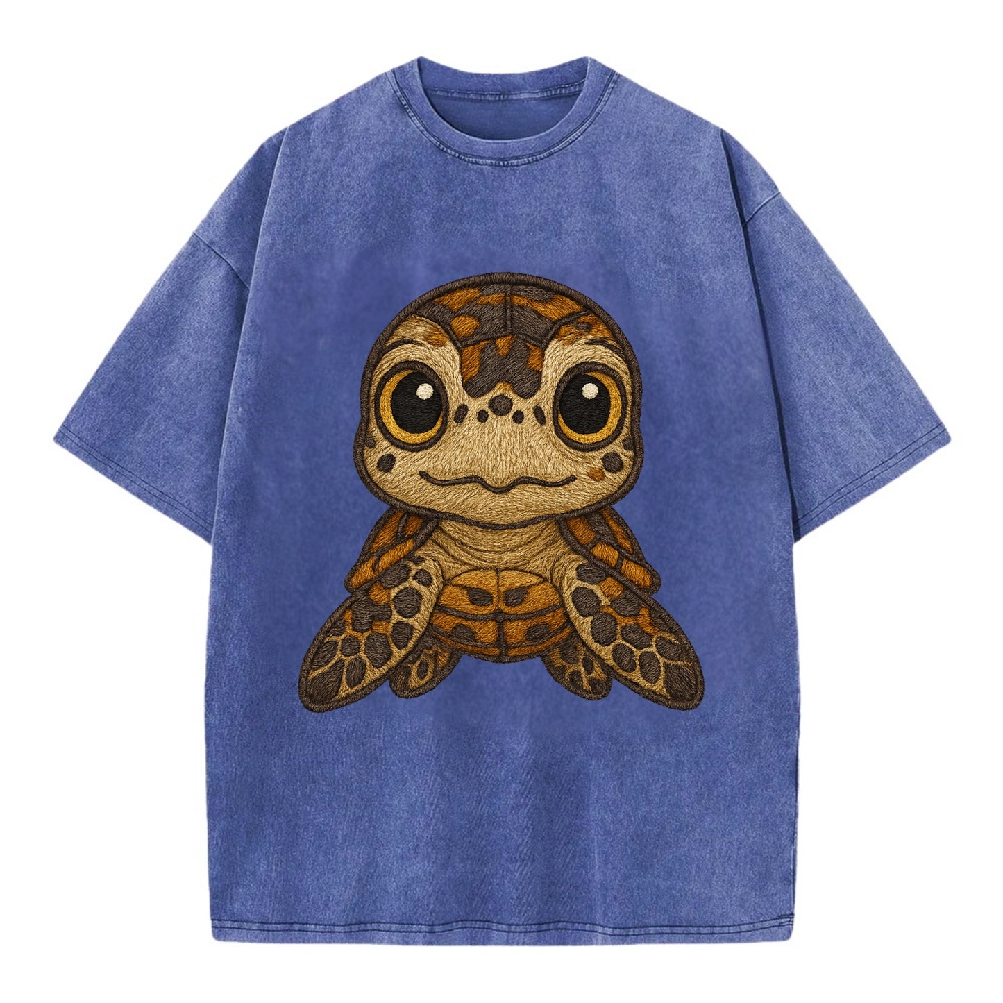 Baby Hawksbill Turtle - amber and brown shell pattern, curious golden eyes, - Vintage T-shirt - Blue