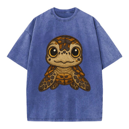 Baby Hawksbill Turtle - amber and brown shell pattern, curious golden eyes, - Vintage T-shirt - Blue
