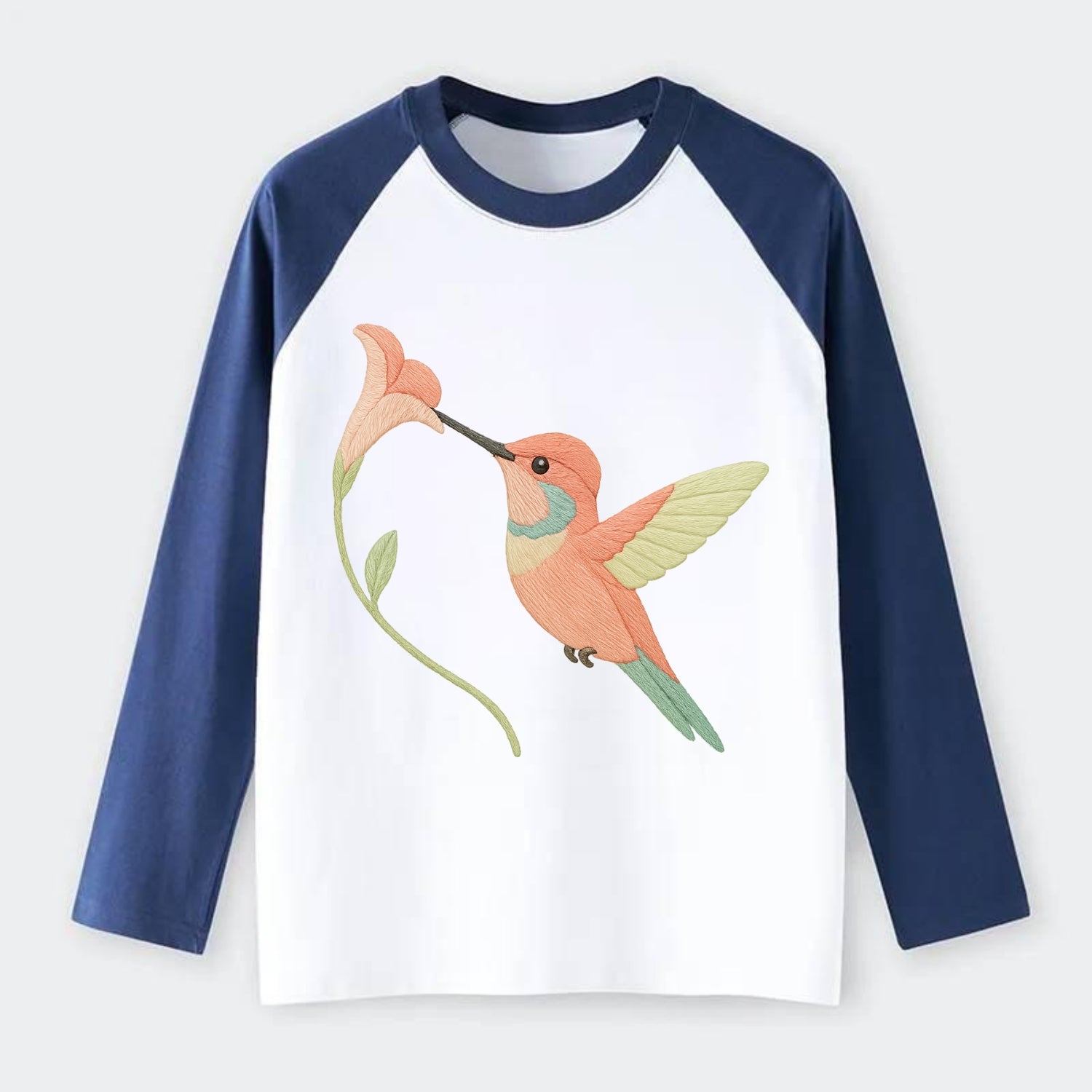 Coral Hummingbird - Raglan Long Sleeve T-Shirt - Blue
