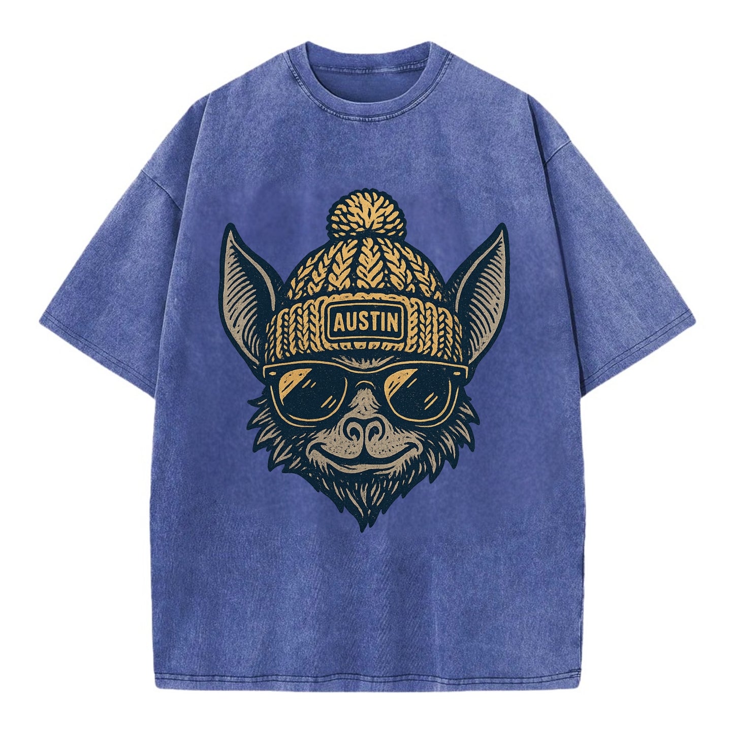 Austin Bat wearing Austin beanie with pom pom and wayfarer sunglasses - Vintage T-shirt - Blue