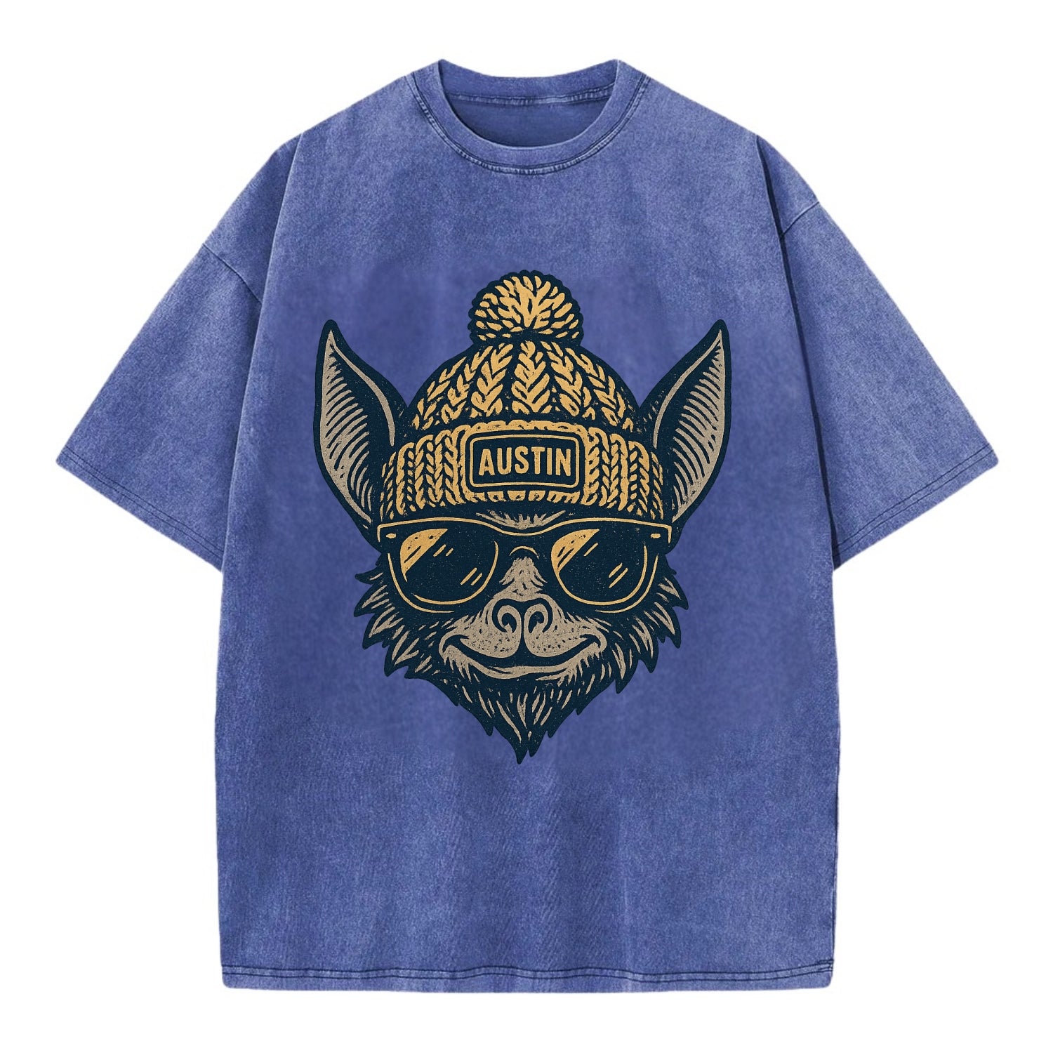Austin Bat wearing Austin beanie with pom pom and wayfarer sunglasses - Vintage T-shirt - Blue
