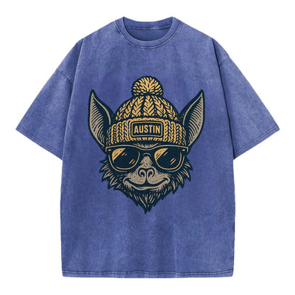 Austin Bat wearing Austin beanie with pom pom and wayfarer sunglasses - Vintage T-shirt - Blue