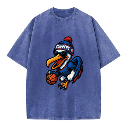 Los Angeles Pelican wearing Clippers beanie with sailboat patch and wayfarer - Vintage T-shirt - Blue