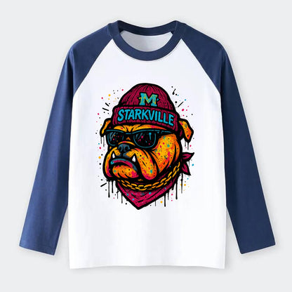 Starkville Bulldog wearing Mississippi State beanie with M patch - Raglan Long Sleeve T-Shirt - Blue