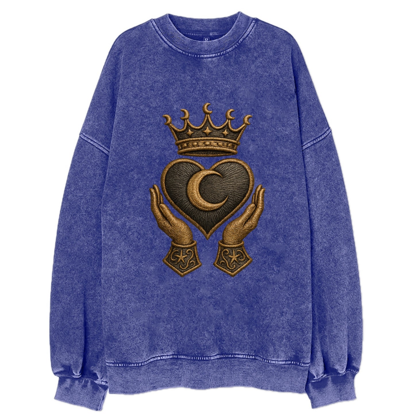Moonlit crescent crown cradling a hematite heart with stargazer hands cupped - Vintage Sweatshirt - Blue