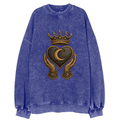 Moonlit crescent crown cradling a hematite heart with stargazer hands cupped - Vintage Sweatshirt - Blue
