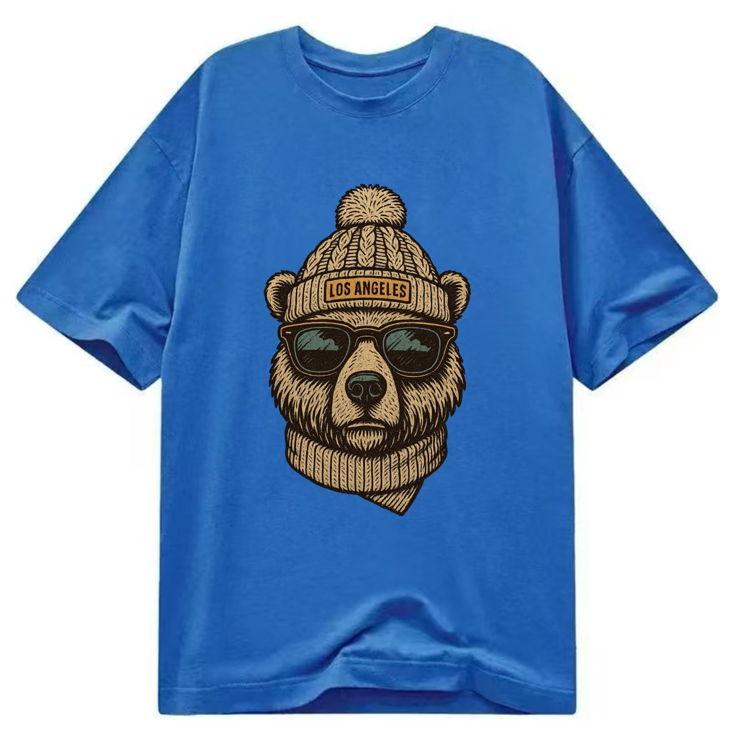 California Grizzly Bear wearing Los Angeles beanie with pom pom and wayfarer - Classic T-shirt - Blue