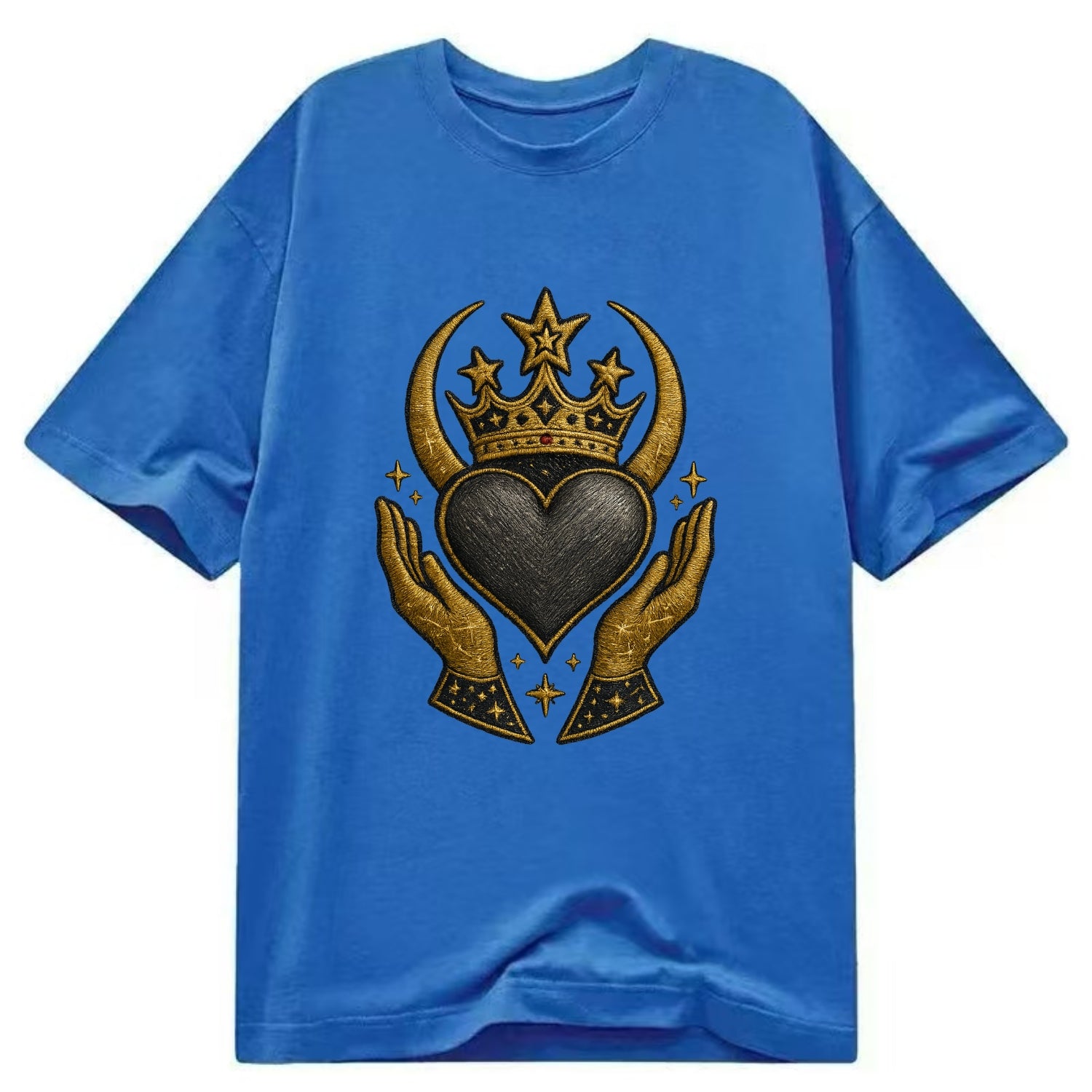 Celtic knot crown with woven strands merging into copper hands shielding a pewter - Classic T-shirt - Blue