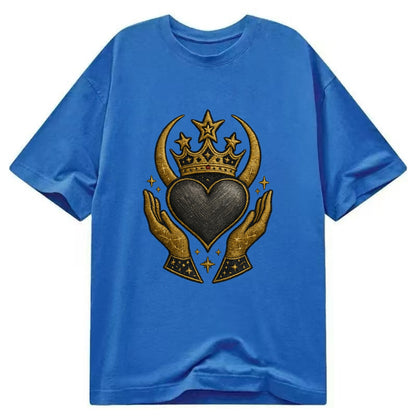 Celtic knot crown with woven strands merging into copper hands shielding a pewter - Classic T-shirt - Blue
