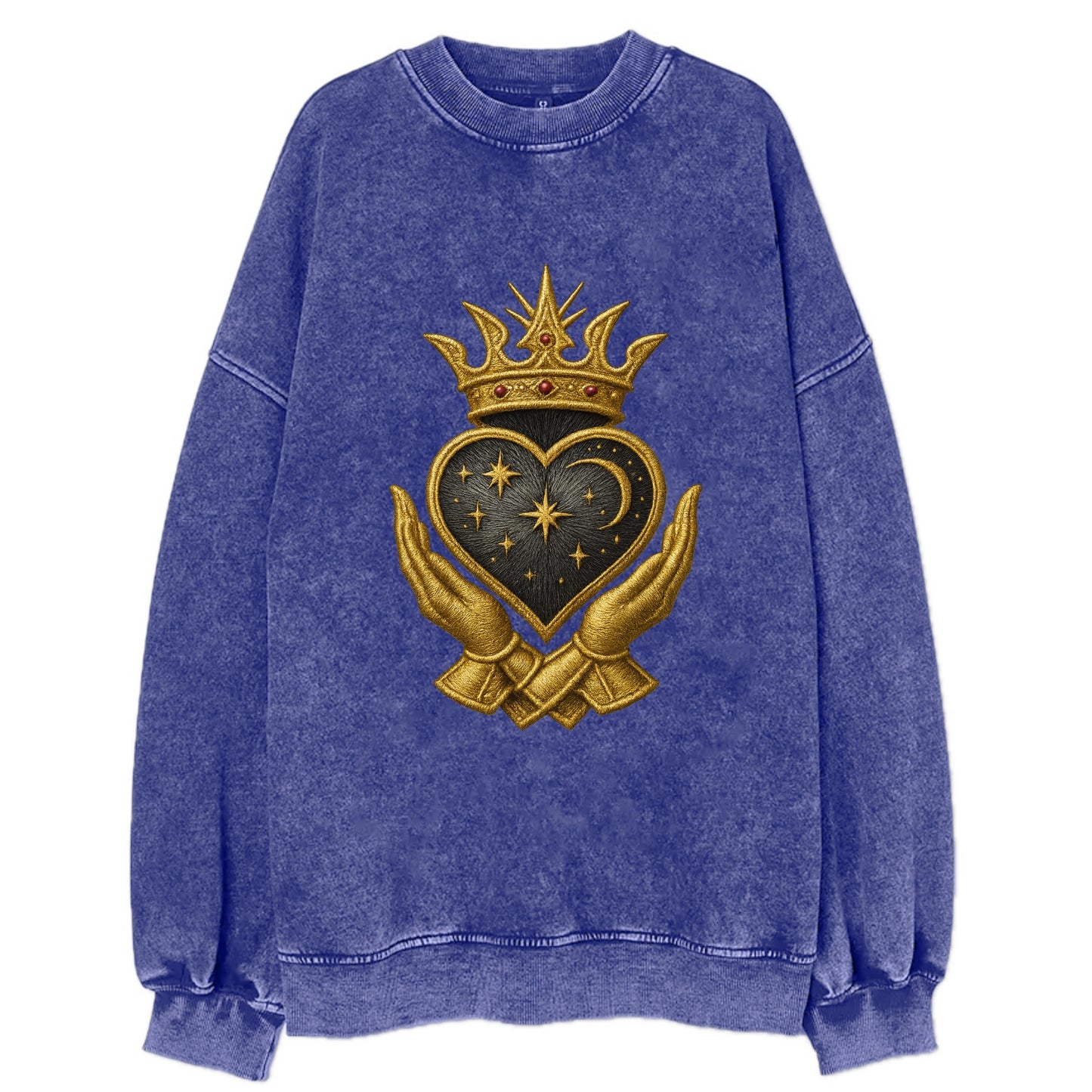 Hammered bronze warrior crown anchoring a dark steel heart with shield-bearing - Vintage Sweatshirt - Blue