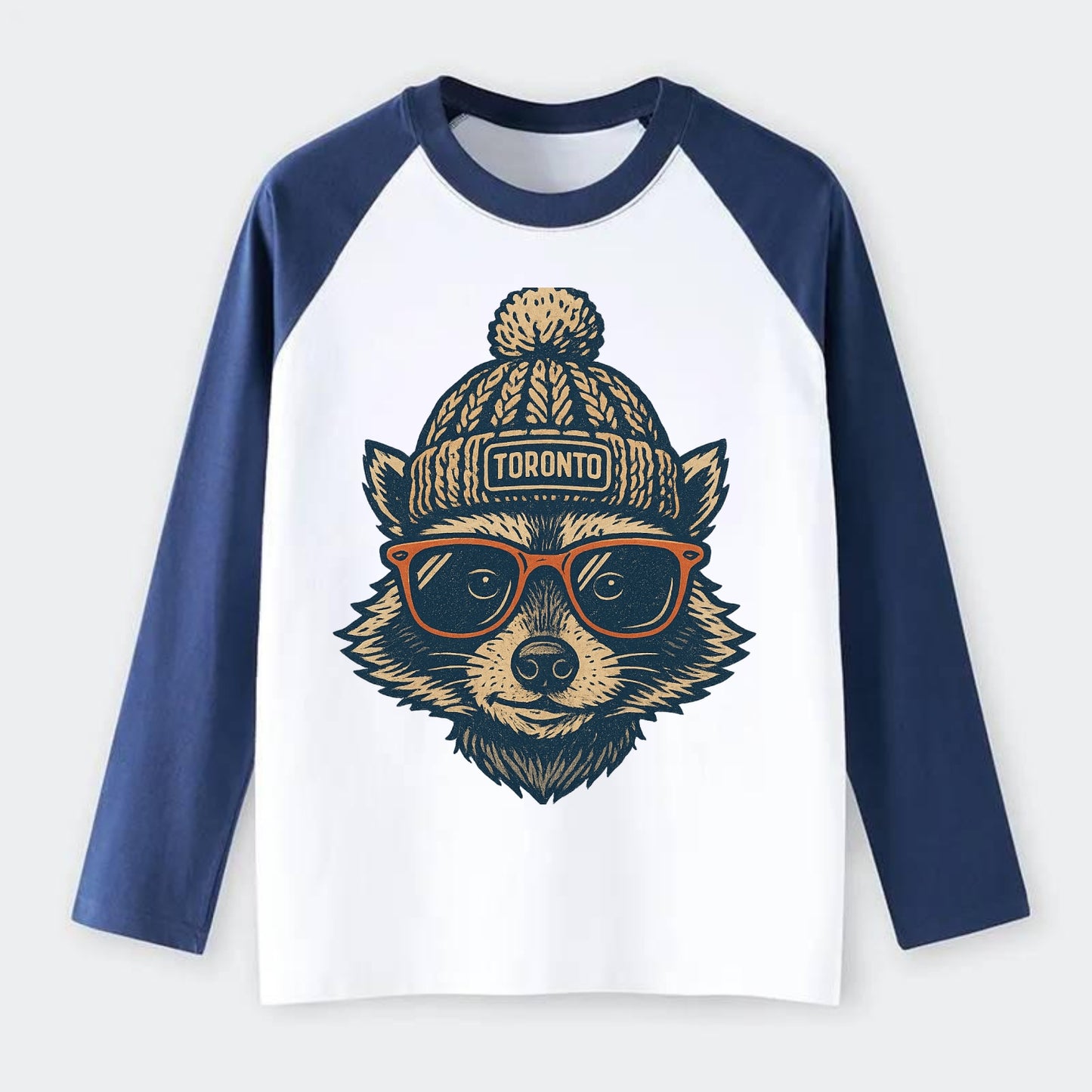 Toronto Raccoon wearing Toronto beanie w - Raglan Long Sleeve T-Shirt - Blue