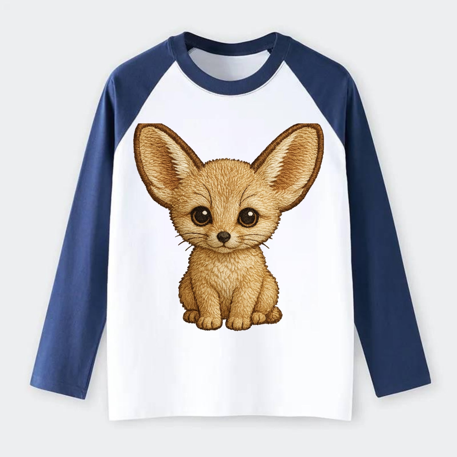 Baby Fennec Fox - huge ears, cream fur, large dark eyes, front-facing, - Raglan Long Sleeve T-Shirt - Blue