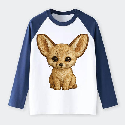 Baby Fennec Fox - huge ears, cream fur, large dark eyes, front-facing, - Raglan Long Sleeve T-Shirt - Blue