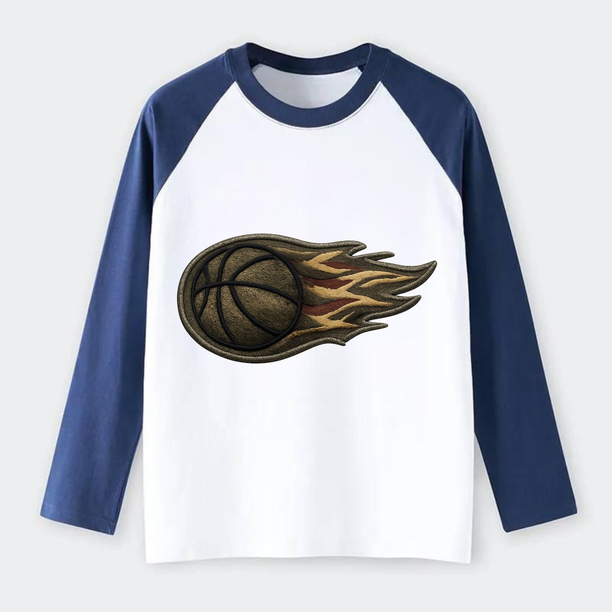 BASKETBALL FLAMING BALL - basketball with flames in orange and red , - Raglan Long Sleeve T-Shirt - Blue